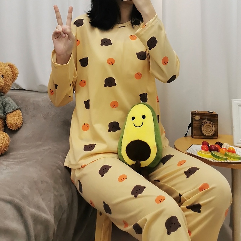 Setelan Lengan Panjang Piyama Baju Tidur Wanita Kartun Karakter Pajamas Dewasa set Piama Wanita-Yellow Bear