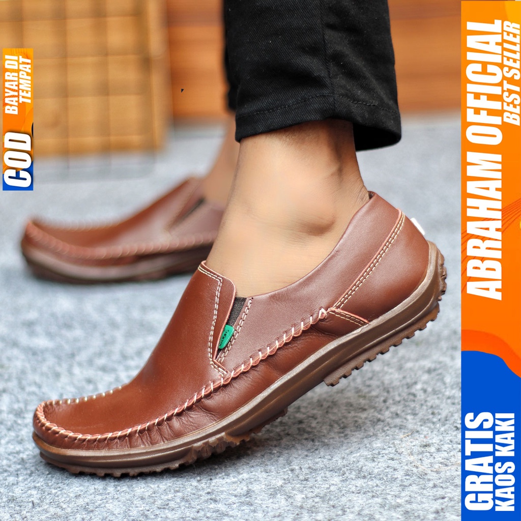 Sepatu Casual Pria Formal Slip On Pantofel Kulit Asli Kerja Kantor Kondangan Kuliah Hitam Fashion Shoes Terbaru Murah Kekinian Original RODAS ABRAHAM