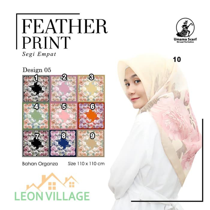 Kerudung FEATHER PRINT A5 UMAMA Hijab Jilbab Organza Segi Empat Motif