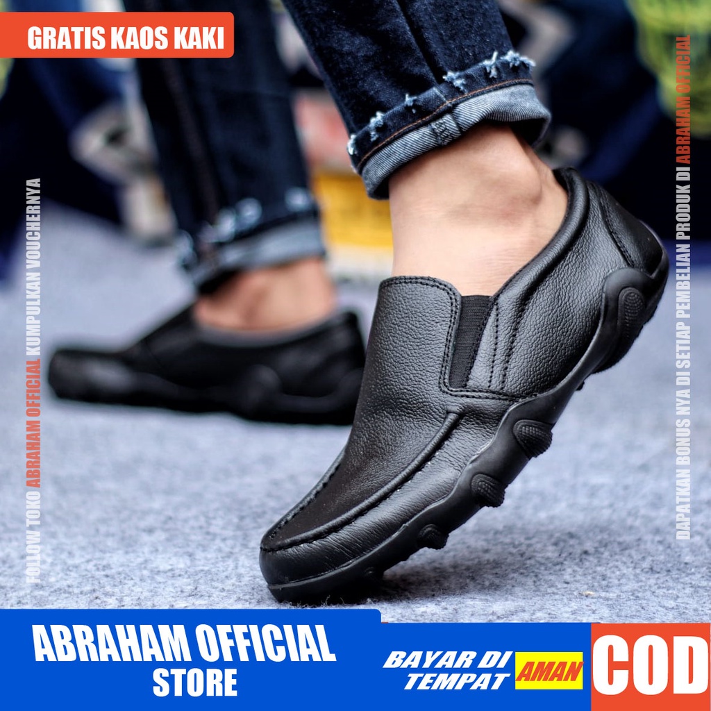 ABRHM BARAN Sepatu Slip On Pria Sepatu Pria Casual Kulit Asli Sepatu Casual Pria Sepatu Kasual Slop Anti Slip Semi Formal Kerja Kuliah Gaya Santai Keren Kekinian Original Murah Terlaris