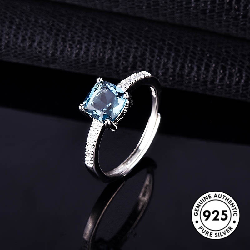 Cincin Sterling Silver 925 Dengan Berlian Imitasi Bentuk Kotak Warna Biru Untuk Wanita