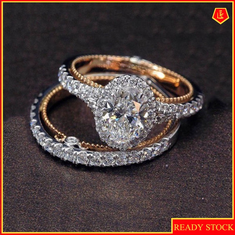 [Ready Stock]925 Silver 14K Rose Gold Diamond Ring Set Luxury Fashion