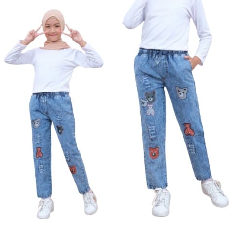 CELANA JEANS ANAK BAGGY SNOW WASH FULL BORDIL, LOVE, QOALA CELANA PEREMPUAN BUNGA CEMPAKA SOBEK ANTI TEMBUS