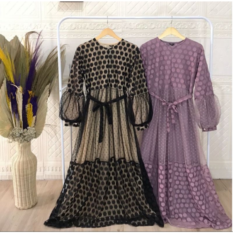 Eliza Gamis Brukat / Dress Pesta Kondangan Model Tile Dot / Gamis Busui Jumbo / Fashion Muslim Wanit