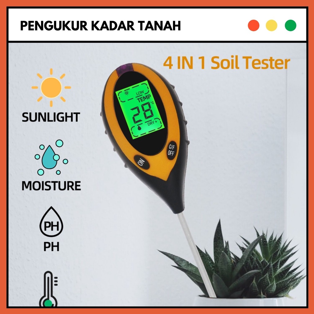 Alat Pengukur Ukur Kelembaban/Kelembapan Kadar PH Temperatur Tanah Air Cahaya 4 in 1 | Soil Meter Te