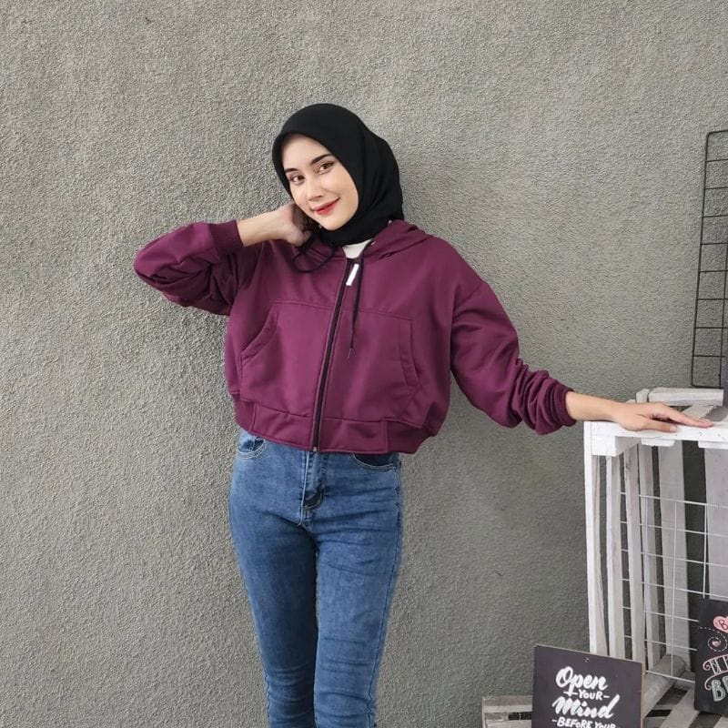 JAKET CROOPE HOODIE WANITA ZIPPER - SWEATER WANITA OMERA CROPE-pluim magenta