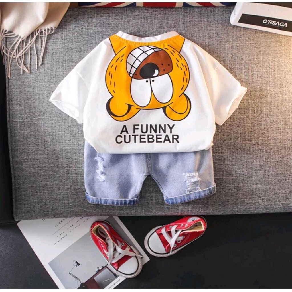 SETELAN PAKAIAN BAJU CELANA JEANS BAYI ANAK MOTIF GARFIELD CUTE BEAR DENIM USIA 6 BULAN-5 TAHUN BAHAN KATUN LEMBUT NYAMAN DIPAKAI TERBARU TERMURAH/ SETELAN PAKAIAN BAJU CELANA JEANS BAYI ANAK LAKI-LAKI/SETELAN PAKAIAN BAJU CELANA JEANS BAYI ANAK PEREMPUAN