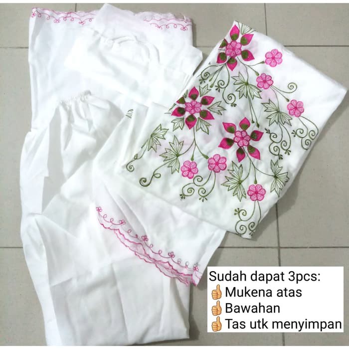 MUKENA PUTIH KATUN BSY BORDIR MURAH MOTIF BUNGA TIMBUL (UKURAN DEWASA) TERLARIS