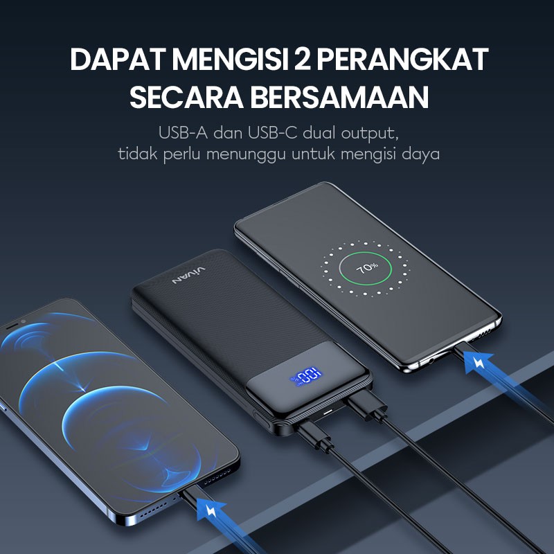 PowerBank VIVAN 10000mah VPB-X10 20W 3 Output Dual Input Port Type C &amp; Micro USB Original Fast Charging Quick Charging PD 3.0 QC 3.0 Real Capacity LED Indicator - Garansi Resmi 1 Tahun