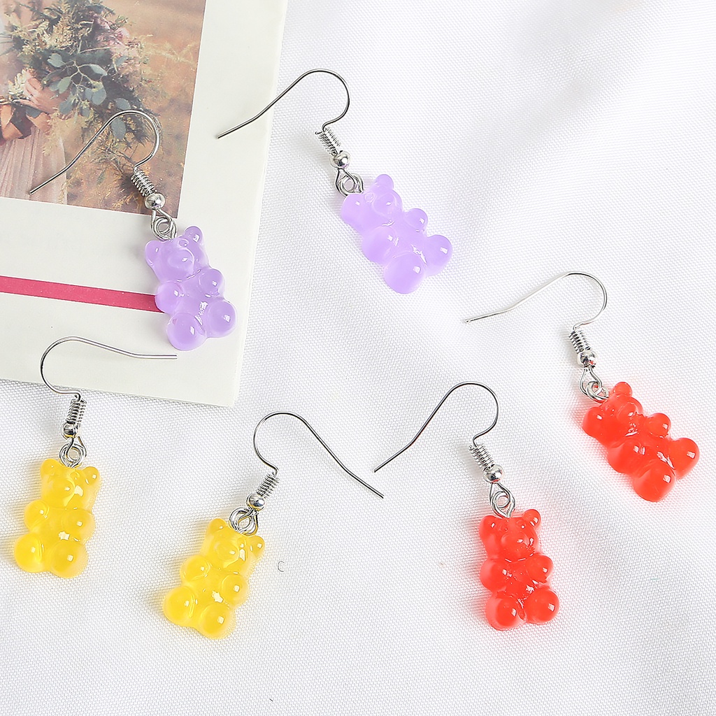 Anting Kait Menjuntai Desain Beruang Polikromatik Bahan Akrilik Warna Permen Jelly Untuk Wanita