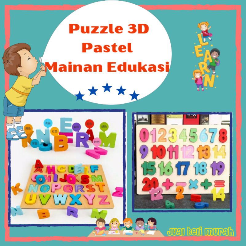 Jual MAINAN ANAK PUZZLE KAYU HALUS TIMBUL ALPHABET NUMBER SHAPE WOODEN ...