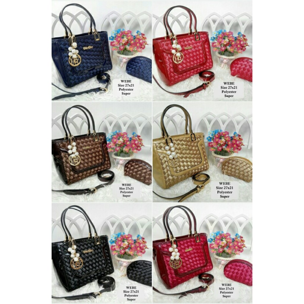 Terbatas Tas Grosir Wanita Branded Tote Medium WB WEBE Set Pouch Anyam Mutiara
