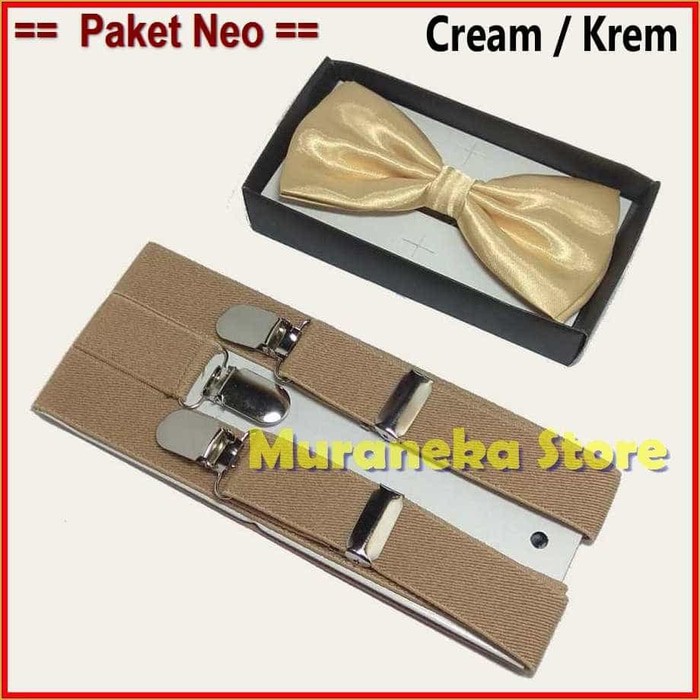 Paket NEO Dasi Bretel Suspender KREM Baju Dewasa Polos Setelan Bowtie Tali Jojon Murah Pria Kerja