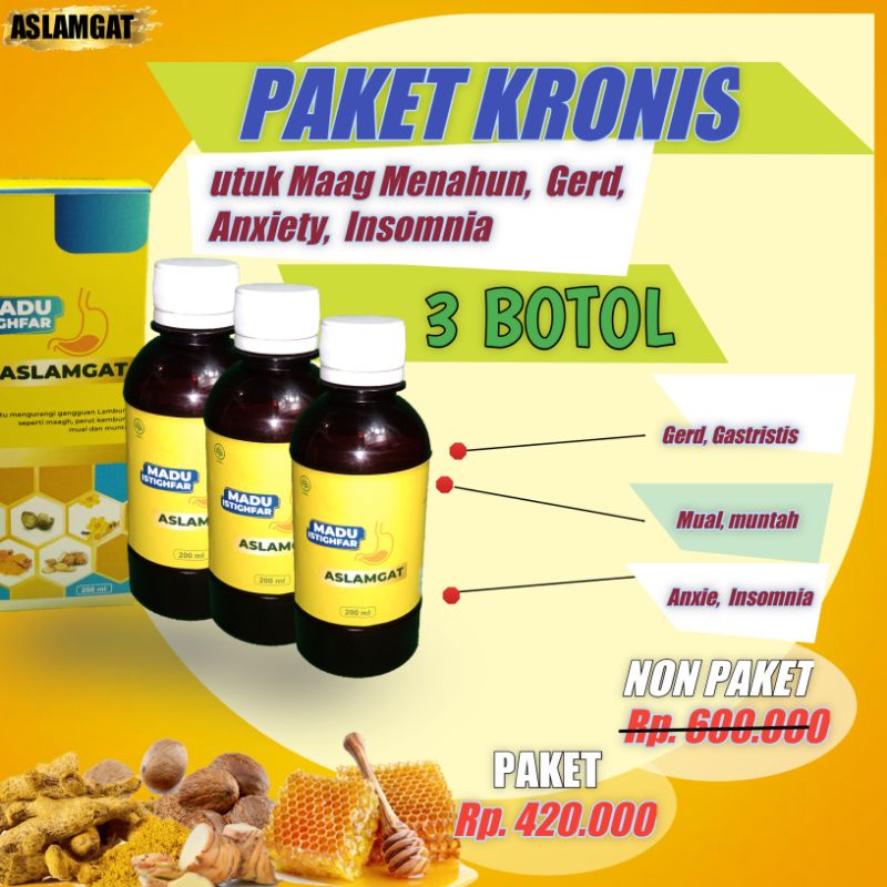 promo Paket Kronis Madu Aslamgat untuk Maag,  Gerd, Anxiety,  Insomnia (3 botol) ber BPOM