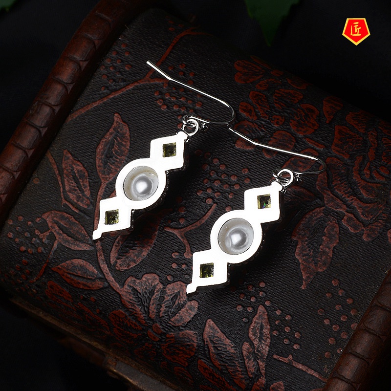 [Ready Stock]Creative S925 Retro Silver Pearl Olive Green Diamond Earrings