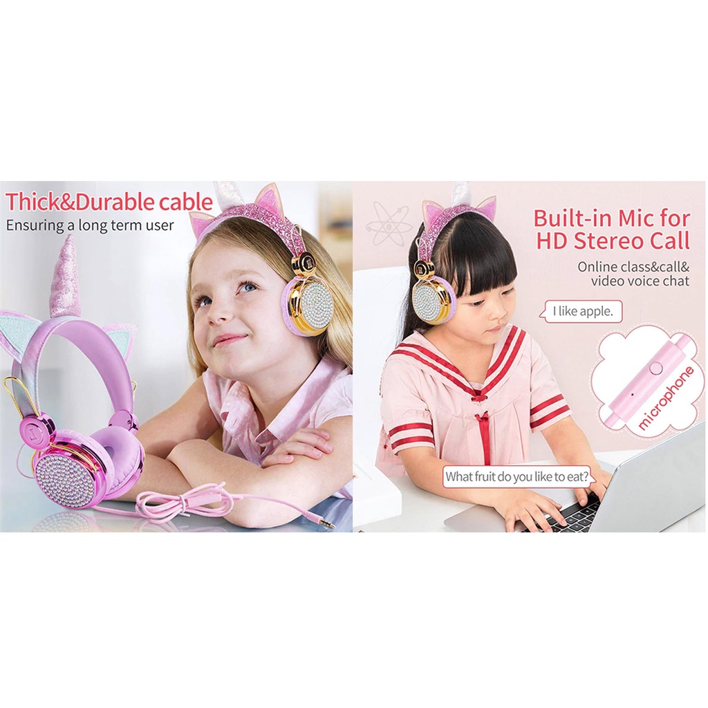 Mallcasing - Headset / Earphone / Headphone Musik Stereo Sequin Plush Motif Bando Unicorn High Quality + Mic - HF 202