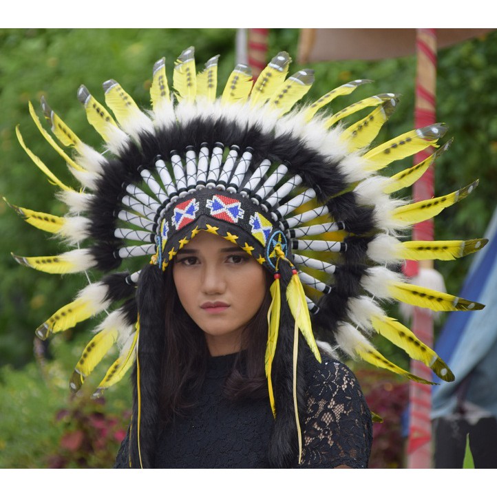 TOPI INDIAN - INDIAN HEADDRESS SMALL ANGSA MONTE KUNING FUR HITAM PUTIH