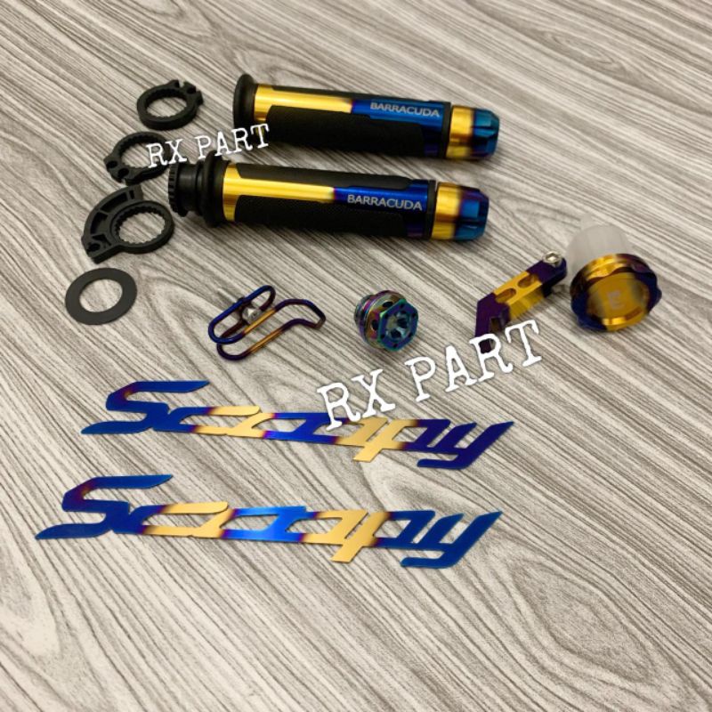 Grip barracuda+Emblem cnc+Gantungan Barang+Tutup oli mesin+Tabung minyak rem 2Tone motor SCOOPY