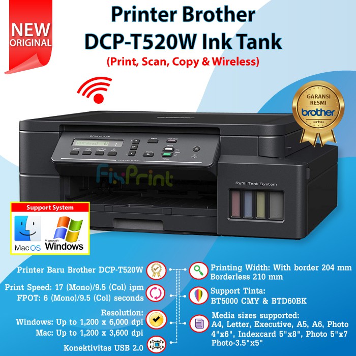 Printer Brother DCP-T520W DCP T520W WiFi Print Scan Copy A4 Wireless Nirkabel With LCD Panel Tinta D60 Black BT5000 Cyan Magenta Yellow