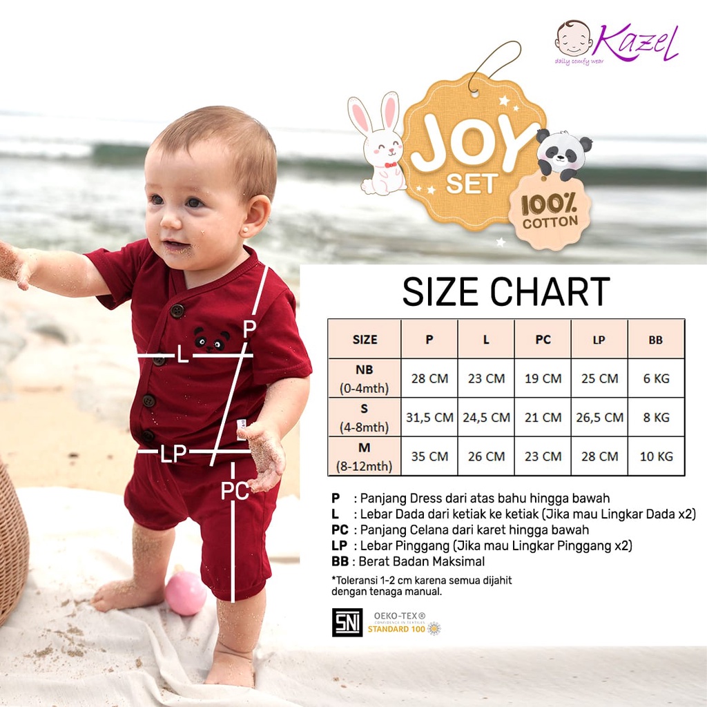 Kazel 100% Cotton 0-12 Bulan Joyset Setelan Pendek Bayi Joy Set Bordir Kancing CBKS