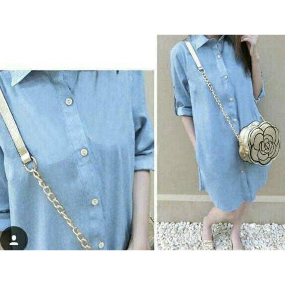 C688 Hem Long Denim Syanaz / Tunik Long Denim Syanaz / Kemeja Wanita Trendy - Biru Isma