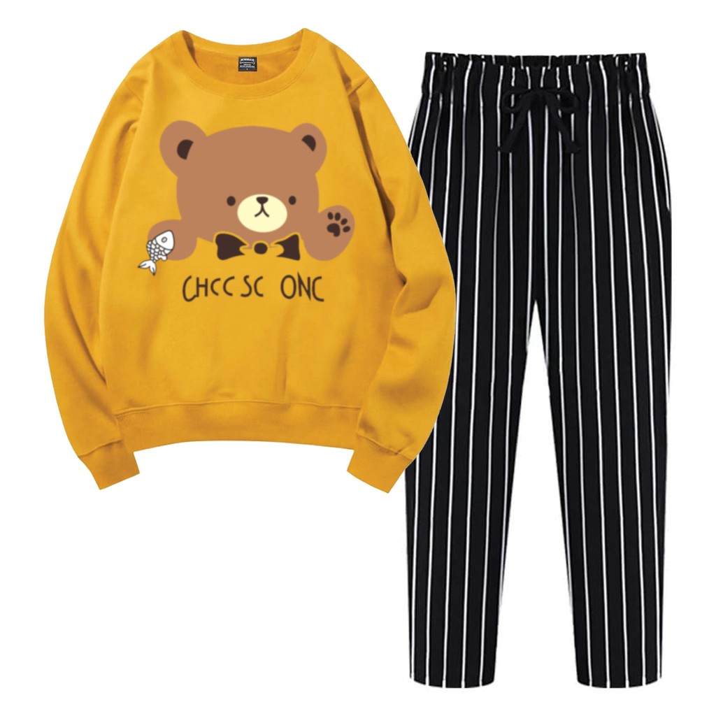 BESS - Baju Setelan Wanita Murah / Setelan Sweater + Celana Salur Hitam - BEAR ONE