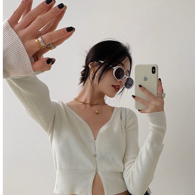 Korean Cardigan Blazer Knitted Long Sleeve Crop Top Blazer Kardigan Rajut Lengan Panjang 2078-White
