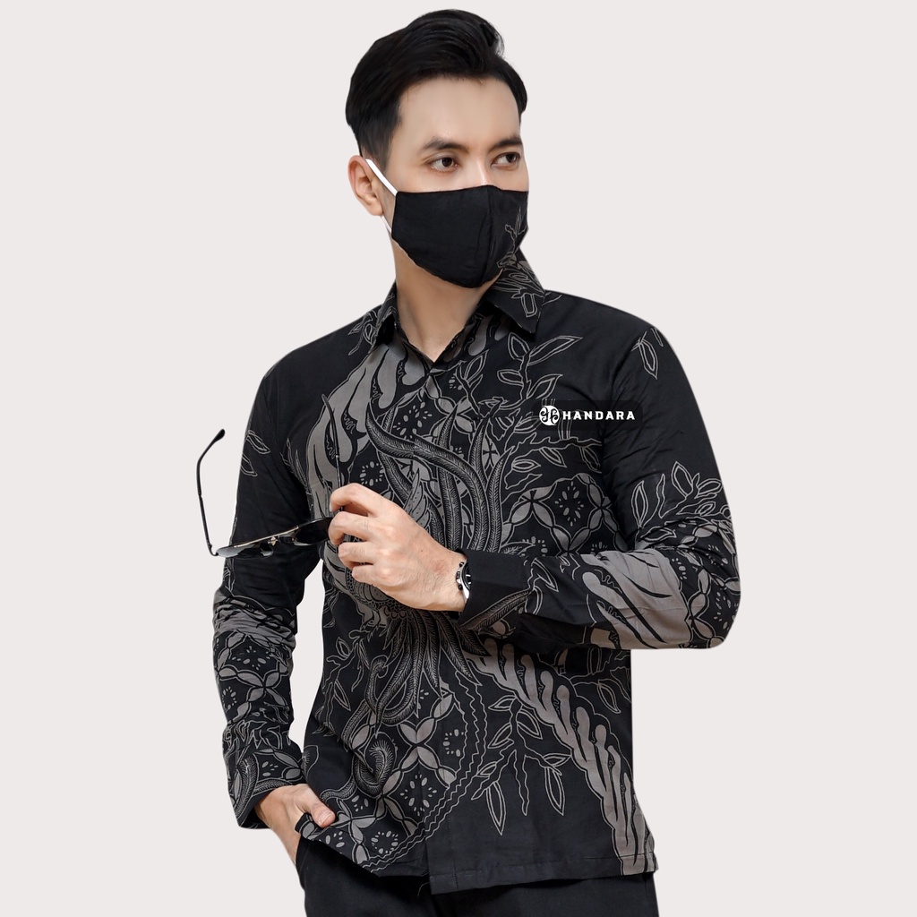 Baju Kemeja Batik Pria Lengan Panjang Slim Fit Premium Modern Full Furing Katun Halus Original Handara Motif Peksi Ulir Hitam HB-133