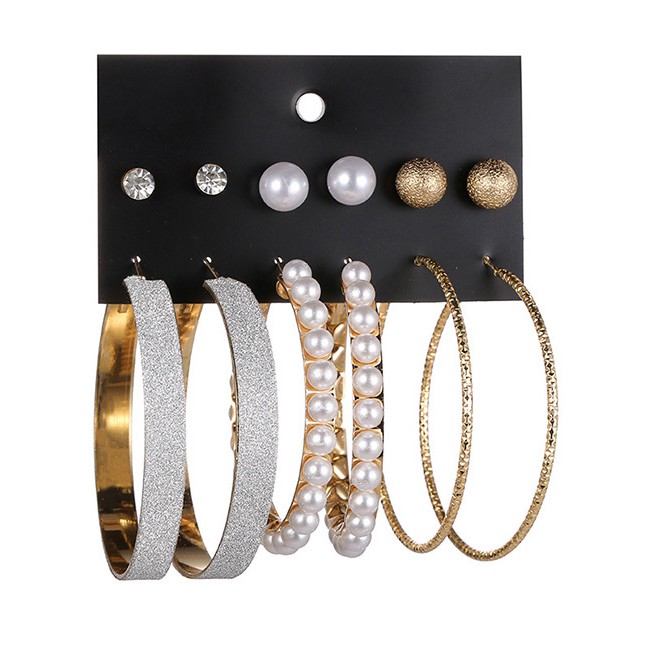LRC Anting Set Fashion Circular Ring&amp;pearls Decorated Earrings(12pcs)