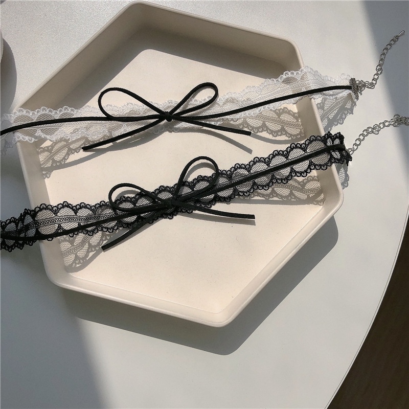 Kalung Bahan Lace Aksen Pita Warna Hitam Gaya Korea Untuk Wanita