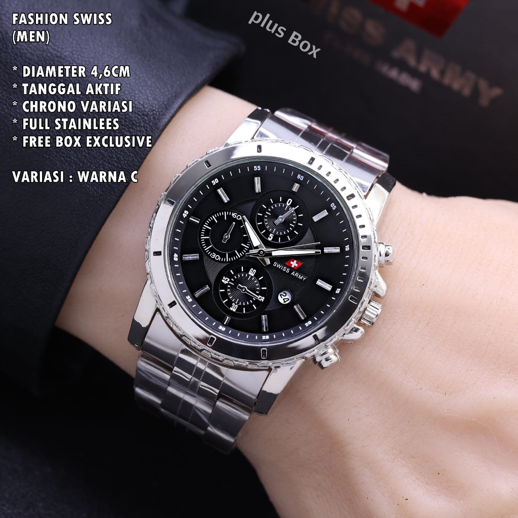 (FREE BOX) JAM TANGAN PRIA FASHION RANTAI BODY BULAT TANGGAL AKTIF