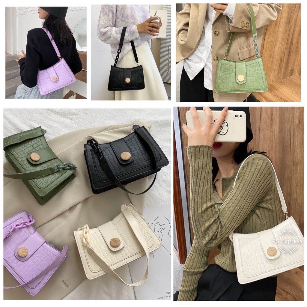 Rowling (Tas-55) Tas Bahu/Selempang Casual Klasik Strap Rantai Hiasan Rivet Untuk Wanita Import