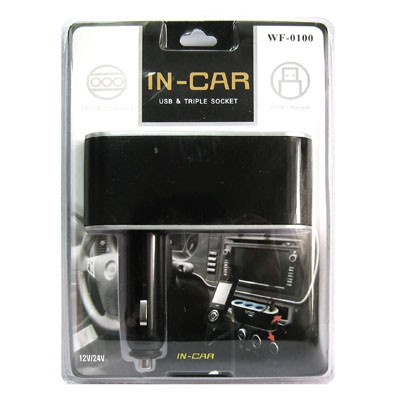 #9903 Socket Lighter Charger Mobil Tanpa Kabel 3 Socket 1 USB Charger