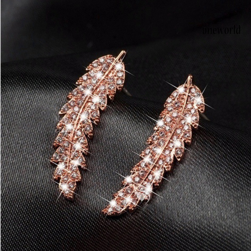 OW# Women Fashion Leaf Rhinestone Inlaid Ear Stud Earrings Romantic Jewelry Gift