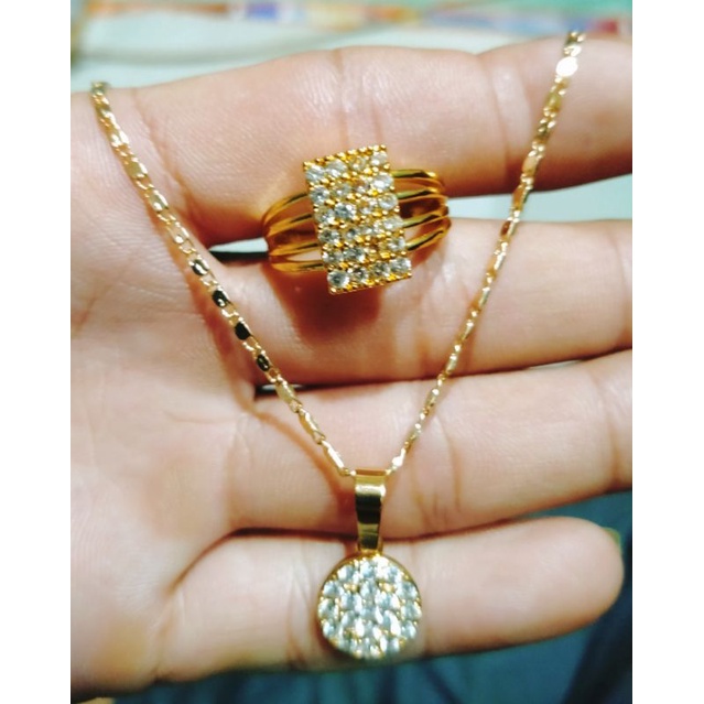 SET PERHIASAN WANITA TITANIUM KALUNG FREE CINCIN FULL PERMATA LAPIS EMAS GOLD