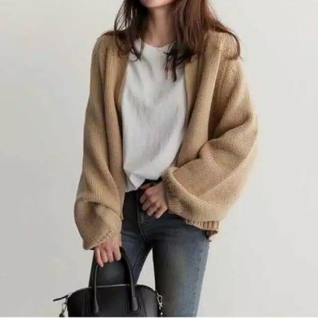 JAKET WANITA Pokkse- Cardigan rajut murah / cardi amelia / cardi rajut wanita - cream JUMBO PARASUT 