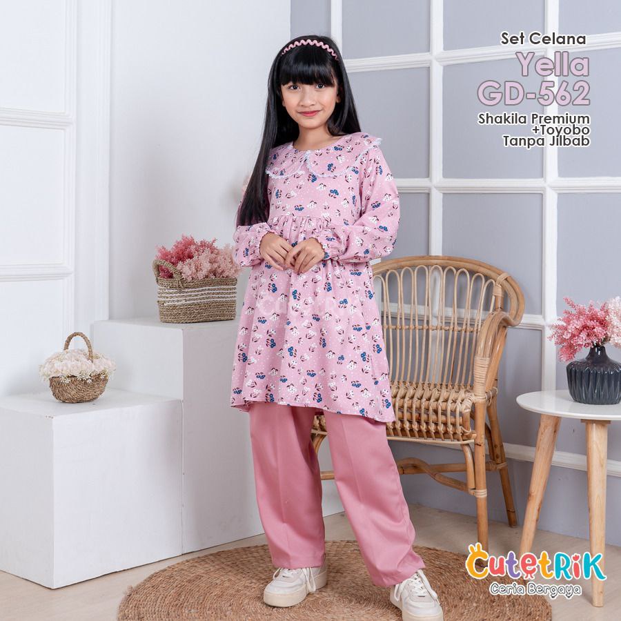 GD 562 Baju Setelan Tunik Set Celana Anak Perempuan Cutetrik Yella Pink Bahan Shakila Toyobo