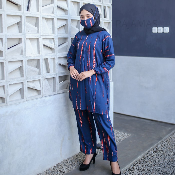 PAJAMAS SET CELANA BAJU MUSLIM ONE SET TEI DYE WANITA PIYAMA PAJAMAS-NAVY