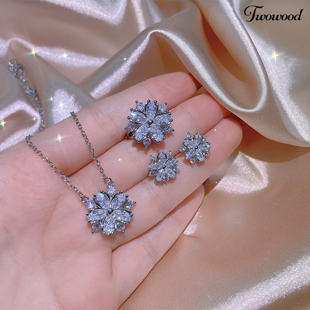 Kalung Dan Anting Stud Bentuk Bunga Model Lapis Ganda Bahan Cubic Zirconia Untuk Wanita