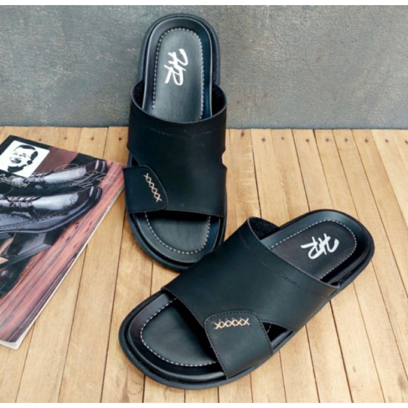 IMPOR / Sendal Slide Kulit Original Black 38-44 Sandal Kasual Bapak2 Empuk Asli Garut Brown, 43