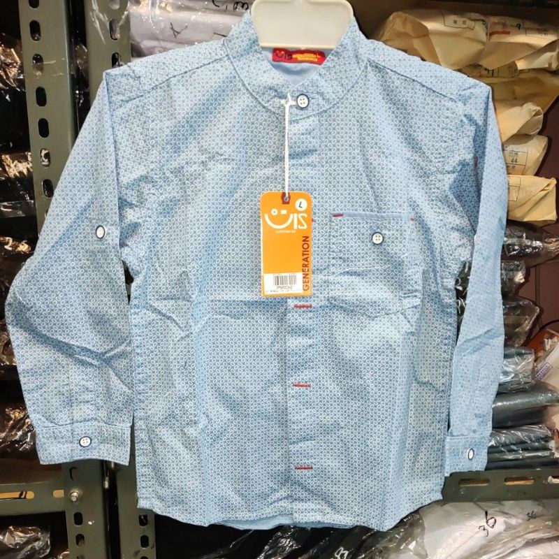 kemeja anak lengan panjang merk UIS kerah sanghai biru bermotif usia 2-3 tahun