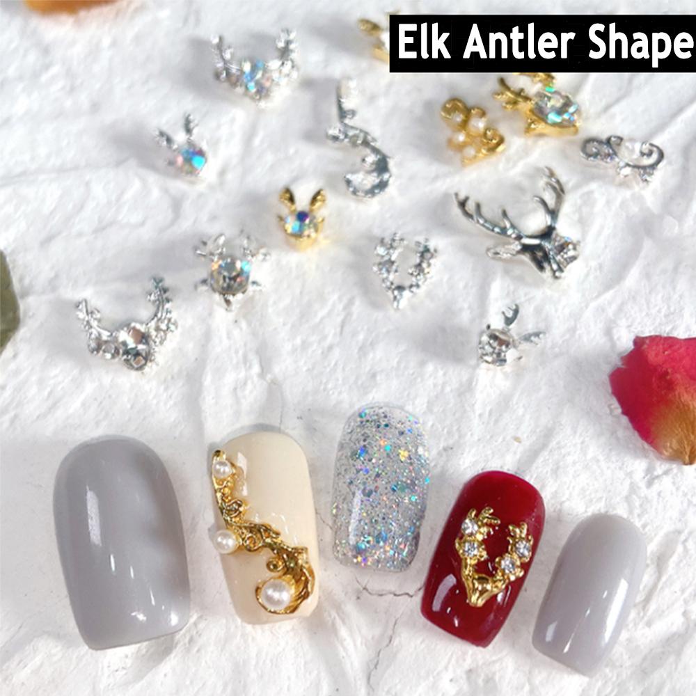Mxbeauty 10Pcs / Lot Hiasan Kuku 3D Bentuk Tanduk Rusa Aksen Kristal + Berlian Imitasi Untuk Nail Art