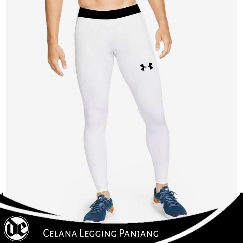 Celana Legging Panjang Pria Olahraga Gym Fitness Futsal Sepak Bola Putih Murah-LEGING UA PUTIH