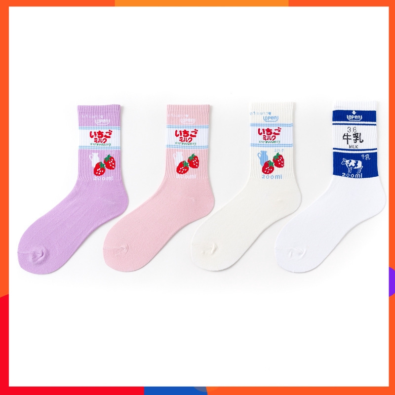 Kaos Kaki Wanita - Tide Socks Milk Strawberry Socks College Wind Sweet Lovely