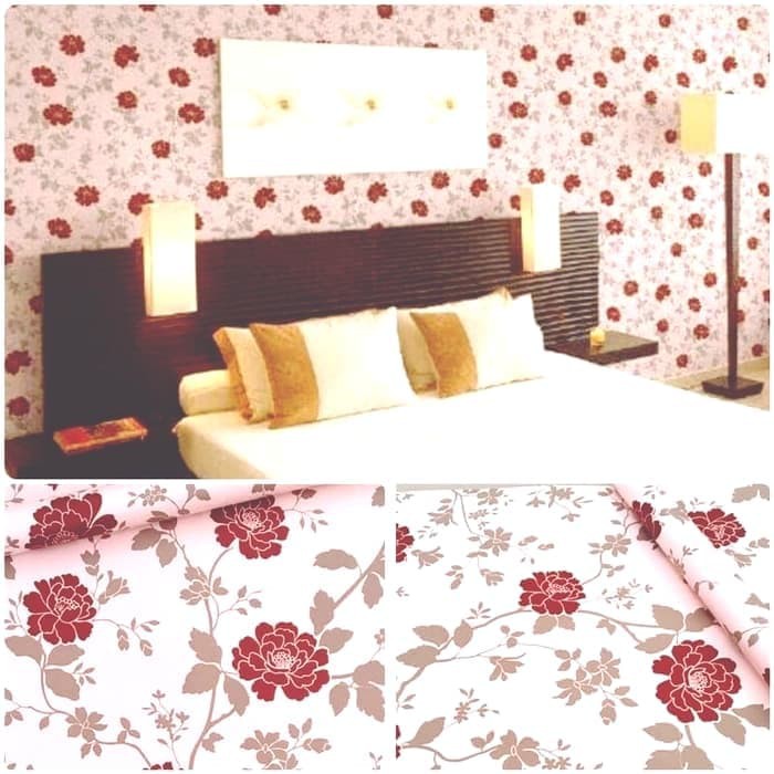 Wallpaper Dinding Motif Bunga Mawar Merah Dasar Pink Ukuran Panjang 10Meter x Lebar 45CM