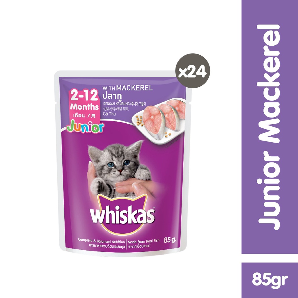 WHISKAS® Makanan Kucing Basah Pouch Junior 85gr Isi 24-Mackerel