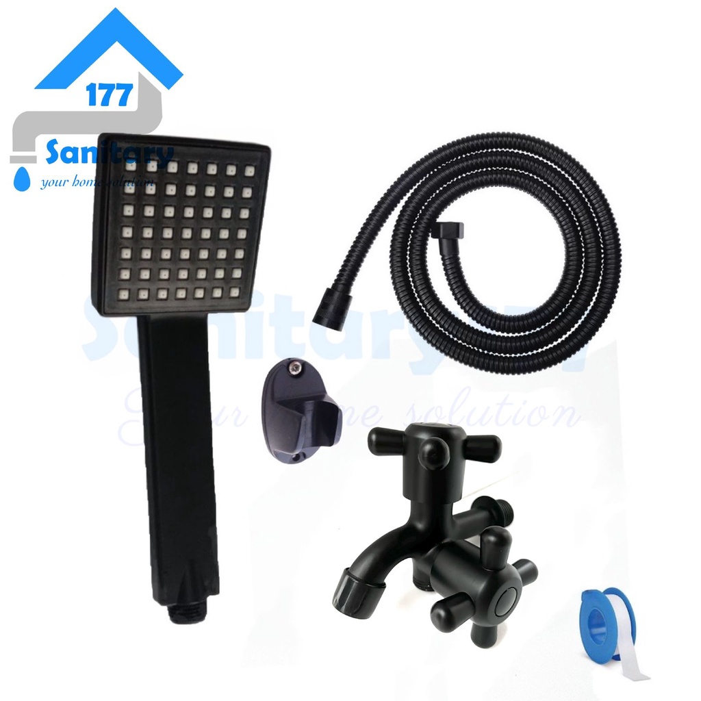 Paket Hand shower KOTAK HITAM 3017-51B- Handshower mandi set abu gray grey semprotan sower mandi dan kran cabang BLACK