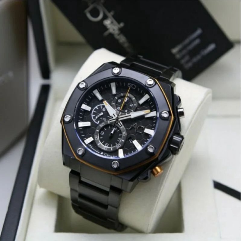 Jam Tangan Alexandre Christie AC 9601 Pria / AC9601 MC Black List Yellow Original