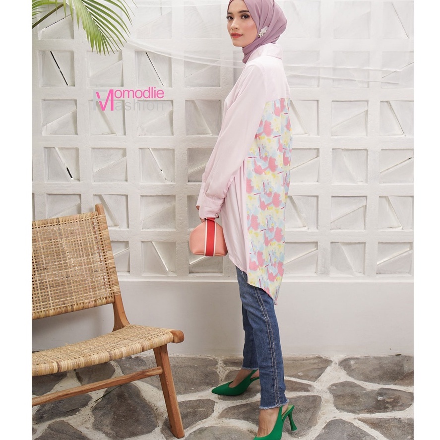 kemeja tunik putih belakang motif panjang belakang menutupi, blouse import premium