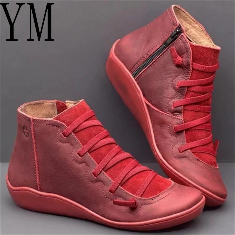 sepatu boots Leather Ankle Boots Autumn Vintage Lace Up Women Shoes Comfortable Flat Heel Boots